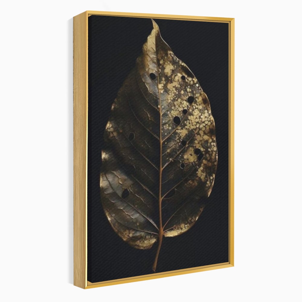 Tablou canvas cu tablou canvas cu frunza uscata, in rama de aluminiu auriu
